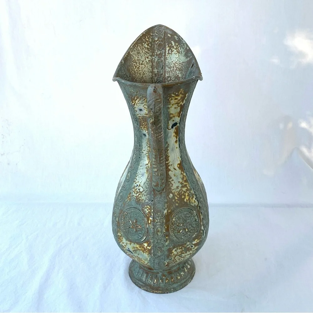 Rustic Textured Intricate Pattern Metal Footed Decorative Pitcher Vase